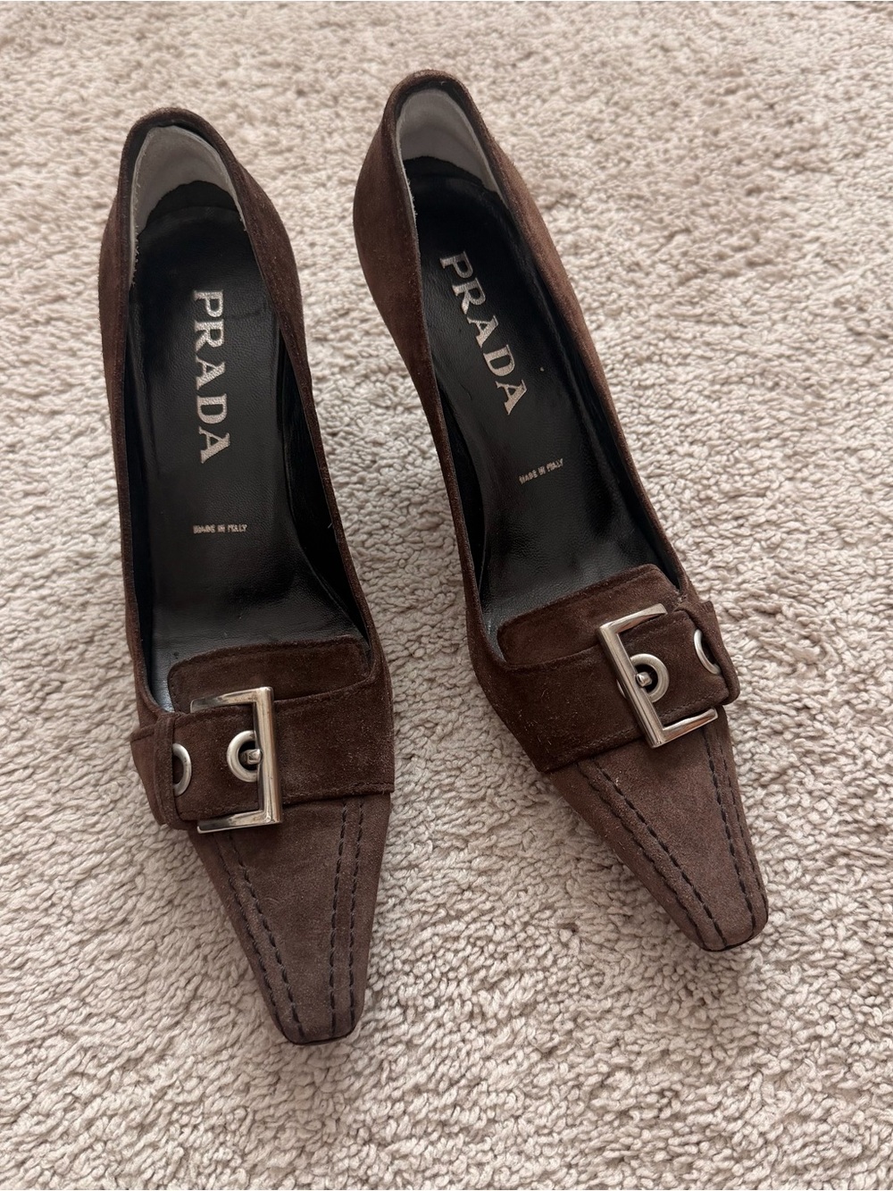 Prada Brown Suede Pointed Toe Buckle Pumps